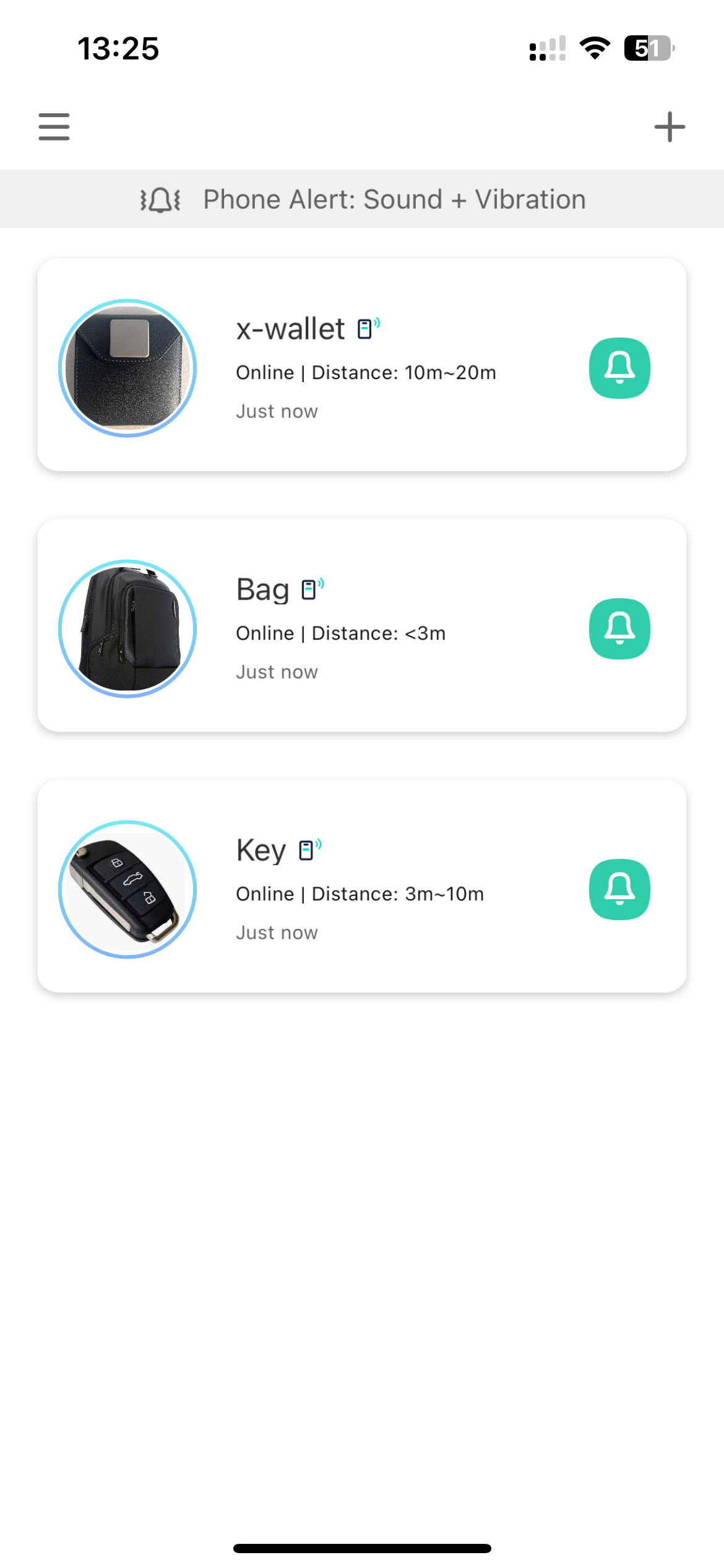 App screen: list of paired devices with alerts