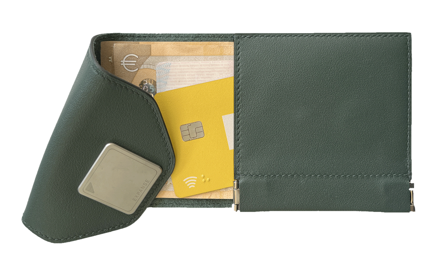 X-Wallet Vert Cypress open with cards and banknotes